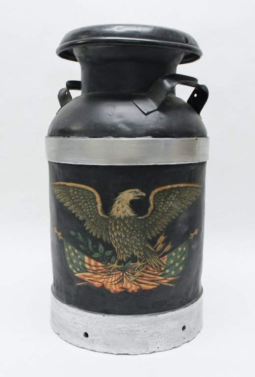 Hand Painted, 10-Gallon Babylon Milk Jug: 10-gallon Babylon, NY Milk jug. Hand painted with Bald Eagle and American flag. Measurements:10.5"dia. x 20"