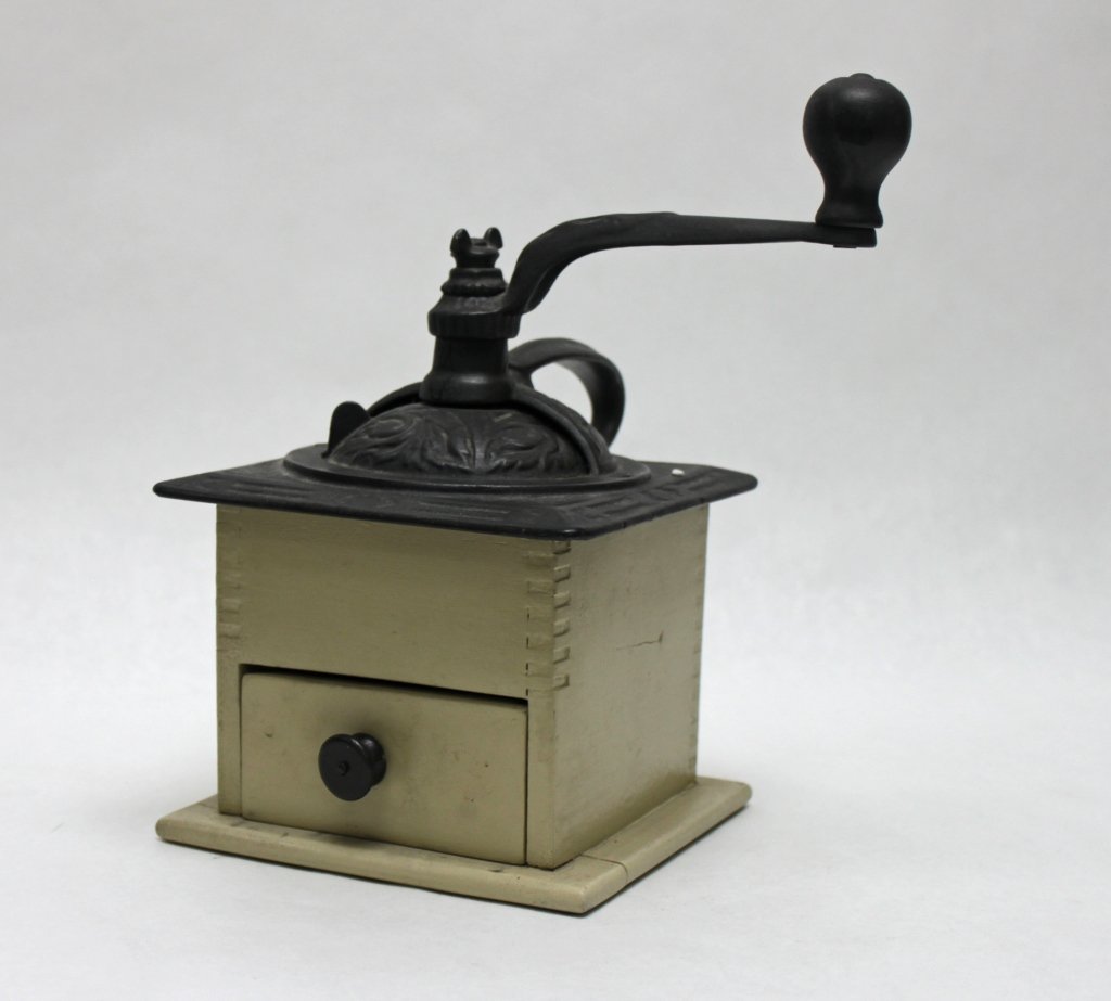 19thC Single Drawer Coffee Grinder: 19th century single drawer coffee grinder. Minor cracks in wood as seen in photos. Measurements: 9 x 7.75" x 9.5"" Artist: American Style: 19th Century