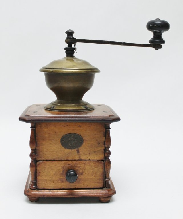 19th Century Wood Case Hand Coffee Grinder: 19th century wooden coffee grinder with brass hardware and drawer. Measurements: 6 x 6" x 10.5" Style: 19th century