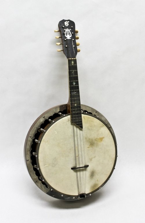 Banjo Mandolin: 1920s banjo mandolin with mother of pearl inlay. Minor wear due to age, as shown. Original strings. Excellent antique condition. Original case included show wear due to age. Measurements: The banjo bo