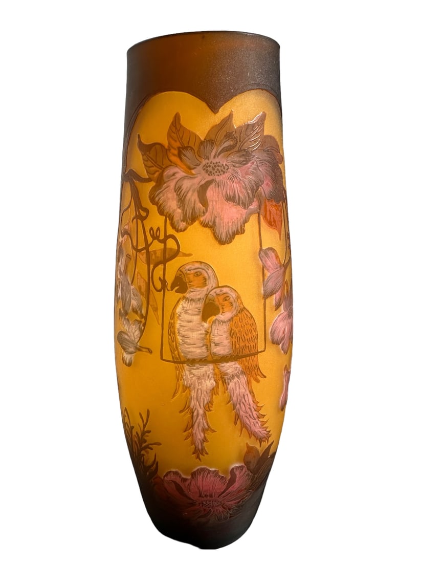 Galle Tip cameo glass vase with parrots on a swing surrounded by flowers and vines.  Signed Galle (1 of 15)
