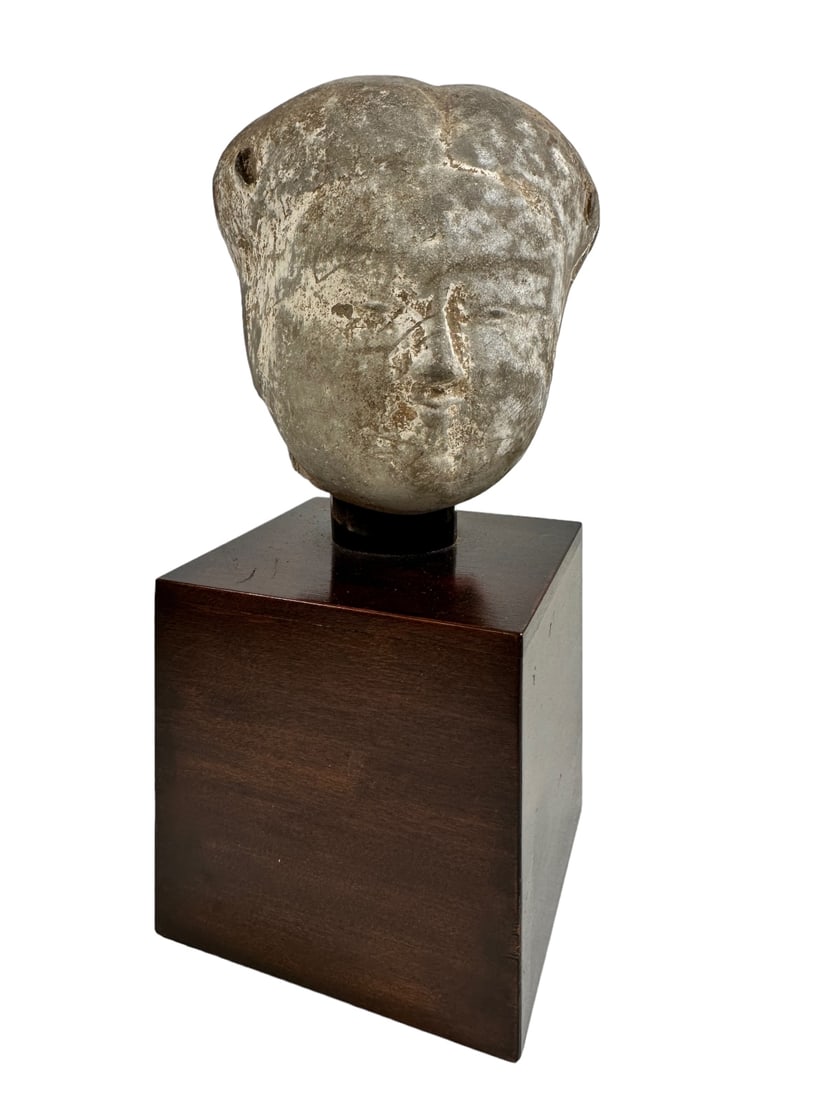 Ancient Egyptian clay fragment on wooden plinth. Excellent condition. Head measures 4.5" x 5", (1 of 19)