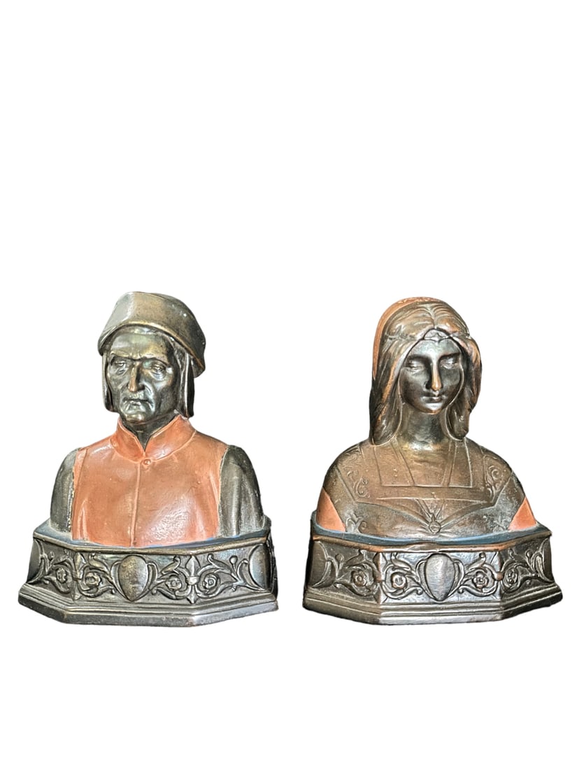 Donte and Beatrice Pompeian bronze bookends, Dante stamped "Dante Pompian Bronze 138 " on verso, (1 of 10)
