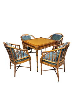 5 Pieces from the Drexel Et. Cetera Collection, 1980s faux bamboo walnut and burl wood square gaming: 5 Pieces from the Drexel Et. Cetera Collection, 1980s faux bamboo walnut and burl wood square gaming table with leather top and (4) cushioned chairs, seated cushion is fixed. Label and stamped on bott