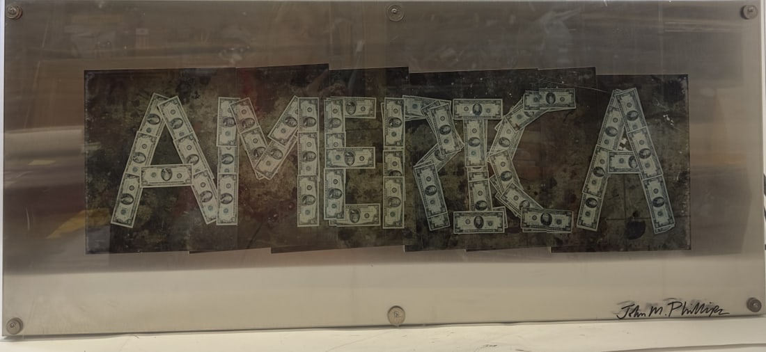 John M. Phillips, enlarged photos on stainless steel, titled "Change America". Behind lucite panel. (1 of 17)