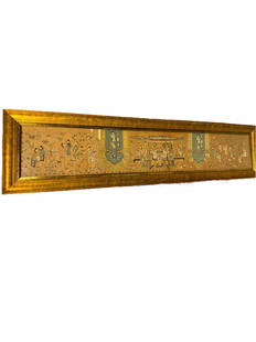 Antique very long Chinese embroidery on silk using golden thread, familial scenes with dragon, good: Antique very long Chinese embroidery on silk using golden thread, familial scenes with dragon, good luck bats and Chinese seals. Excellent condition. Art measures 63.5" x 10.5", frame measures 70" x 1