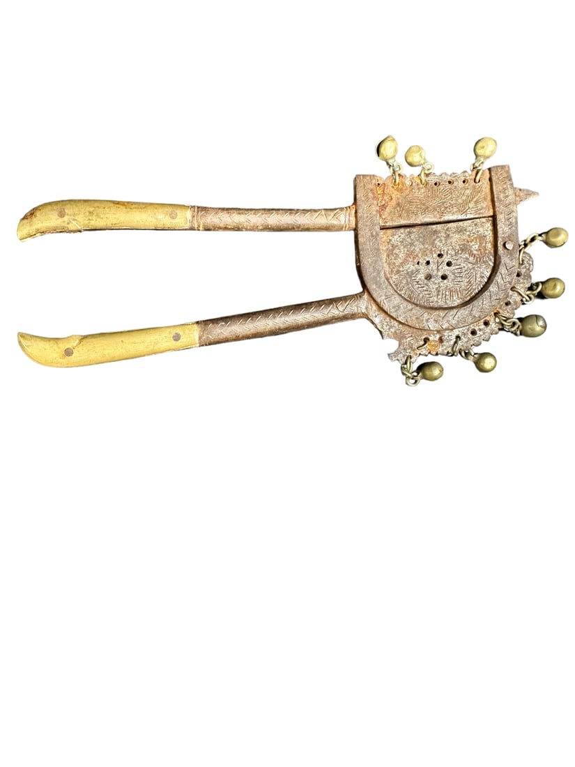 Antique Indian bronze Betel Nut/Areca Nut cutter with chiming bells (missing several bells), iron (1 of 9)