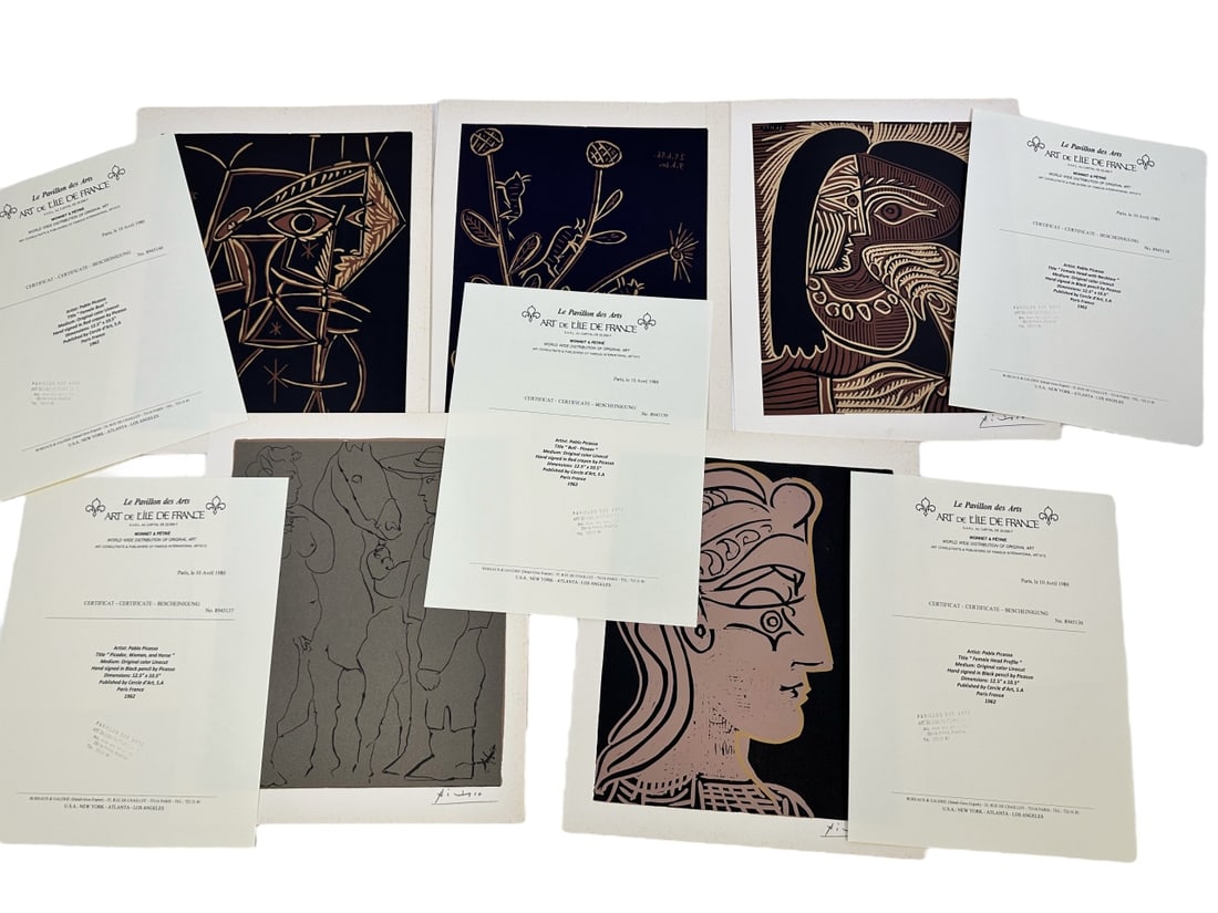 5 Pieces by Pablo Picasso, original color linocuts, each has a COA. (1) titled "Female Bust", hand (1 of 20)