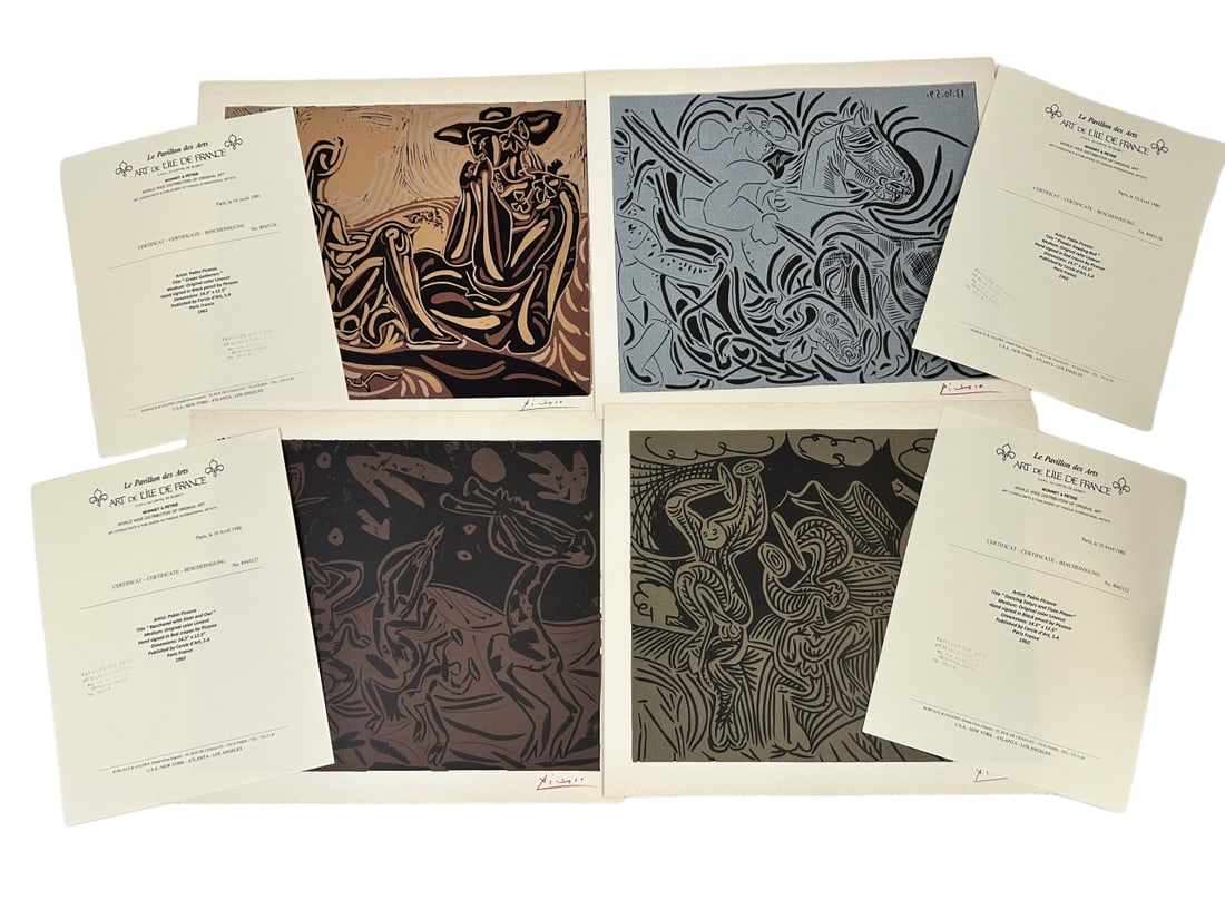 4 Pieces by Pablo Picasso original color linocuts, each has COA, (1) titled "Grape Gatherers", hand (1 of 18)