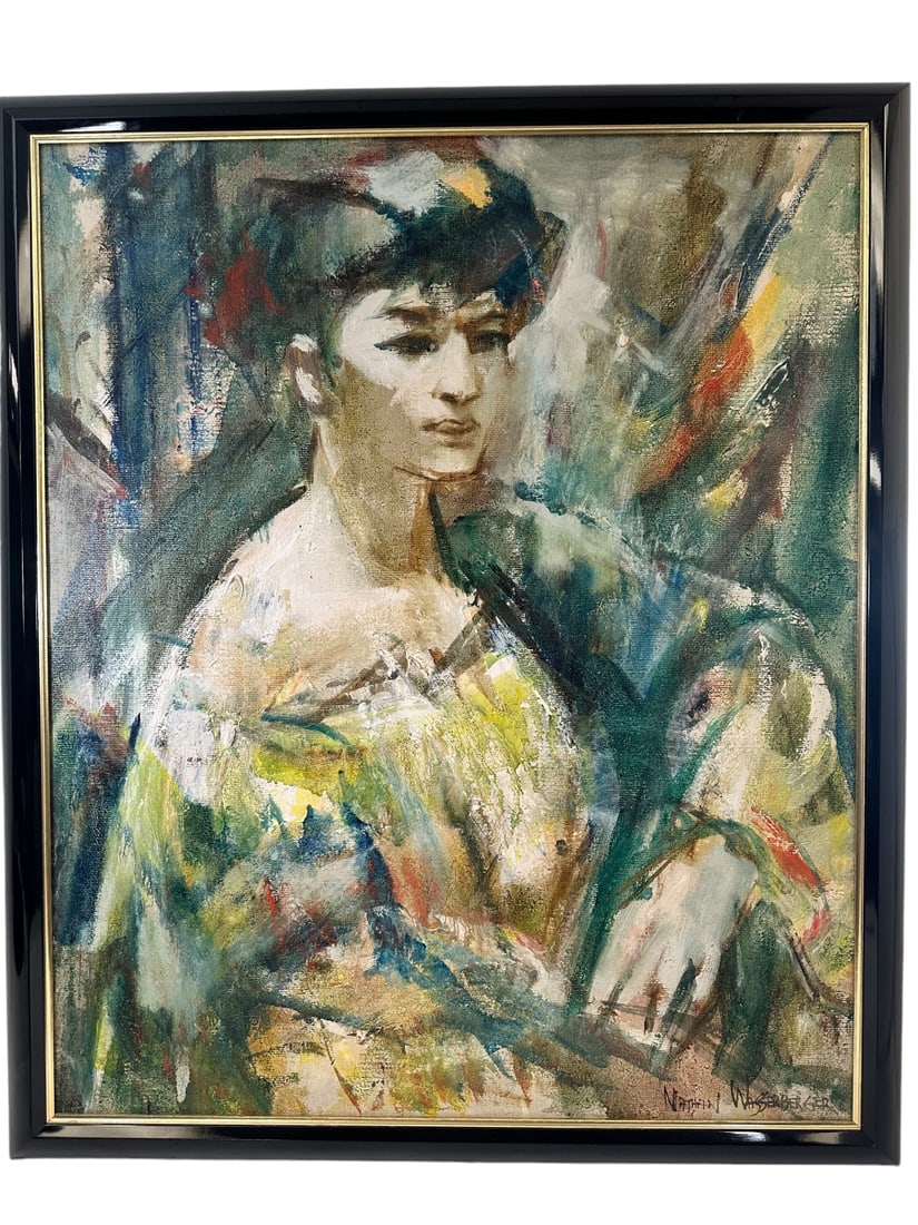 Nathan Wasserberger (1928-2013), oil on canvas of lady. Signed lower right. Label on verso from: Nathan Wasserberger (1928-2013), oil on canvas of lady. Signed lower right. Label on verso from Coconut Grove Gallery and Interiors, Coconut Grove, FL. Nathan was a Jewish American painter, known for 