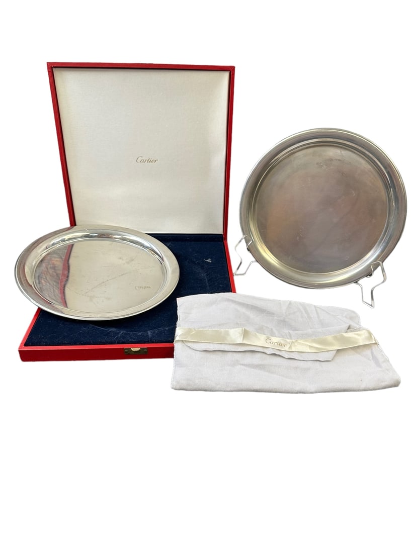 4 Pieces by Cartier, pewter, (2) platters, engraved Cartier Pewter on bottoms, measure 11" dia., (1) (1 of 8)