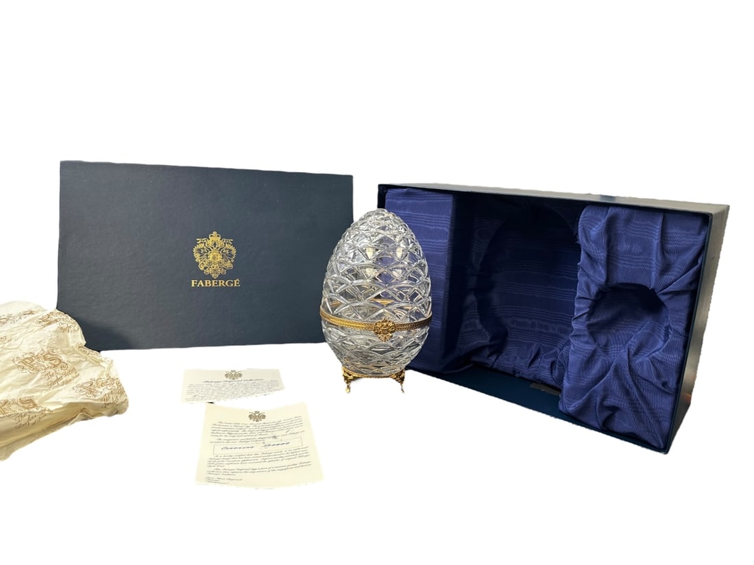 Faberge Imperial egg caviar server, crystal and dore bronze mounted egg with interior liner and (1 of 19)