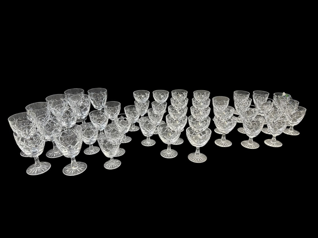 47 Pieces Thomas Webb & Corbett, England (1897 - 1986) crystal stemware, (10) water goblets, measure: 47 Pieces Thomas Webb & Corbett, England (1897 - 1986) crystal stemware, (10) water goblets, measure 3.25" dia. x 5.75", (11) aperitif, measure 2.75" dia. x 4", (12) champagne, measure 3.25" dia. x 4.