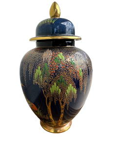 1950's Carlton Ware, England, lidded ginger jar, blue and gold hand painted chinoiserie vase.: 1950's Carlton Ware, England, lidded ginger jar, blue and gold hand painted chinoiserie vase. Features crane birds under weeping trees. Gold on finial, around lid base, around jar opening and base. Ma