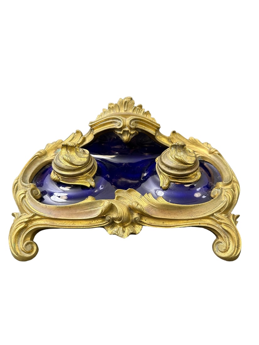 Antique Continental rococo cobalt blue porcelain and dore bronze mounted inkwells with porcelain (1 of 14)