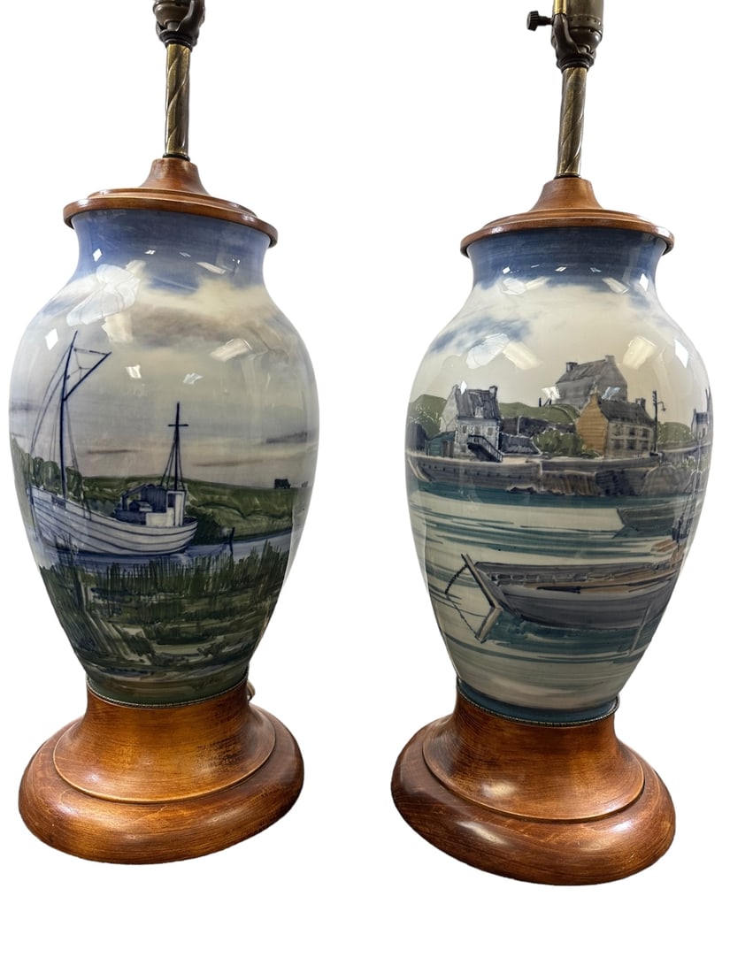 Antique pair of large Royal Copenhagen vase table lamps. Harbor scene with wooden boats, cows in (1 of 12)