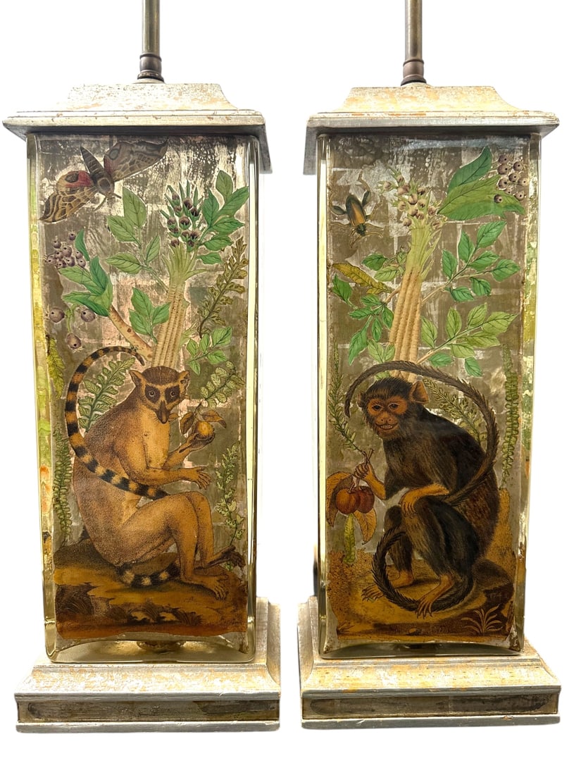 Pair Chinoiserie reverse painted glass monkey lamps with wooden base and end cap. Very cool. (1 of 15)