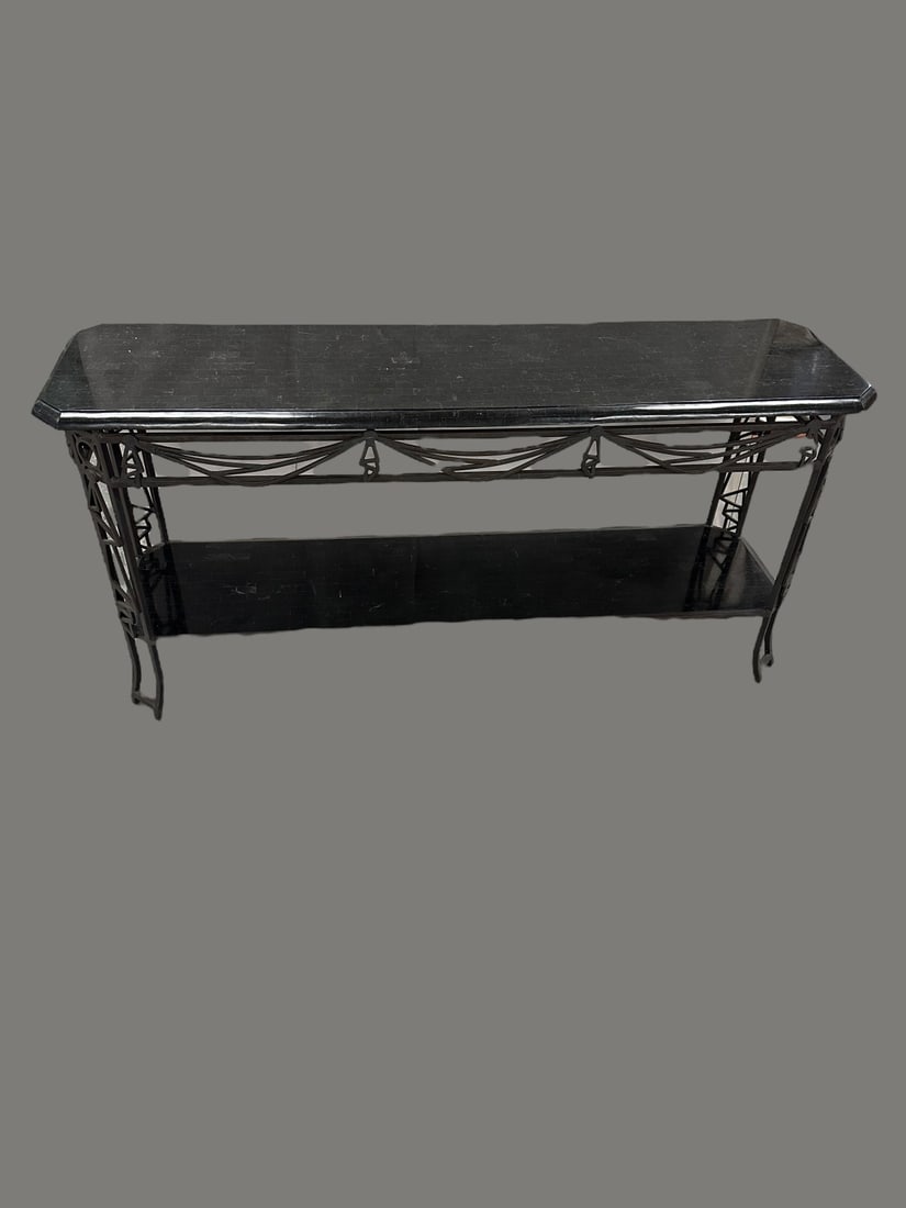 Maitland Smith tessellated marble and iron free standing console table or sofa table with lower (1 of 9)