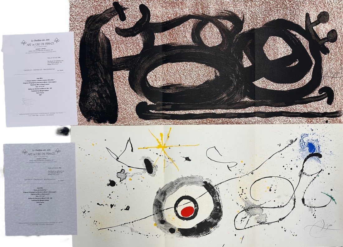 2 Pieces by Joan Miro, tri fold original lithographs, (1) titled "Terres de Grand Feu", signed Miro (1 of 9)