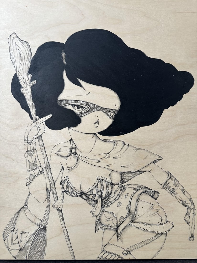 Pinky Toast mixed media on birch wood, titled "Gothic Wanderer - Will She Point At Me Pinup". Signed: Pinky Toast mixed media on birch wood, titled "Gothic Wanderer - Will She Point At Me Pinup". Signed and dated 2012 on verso. Signed and dated lower right. Excellent condition. Measures 16" x 20".