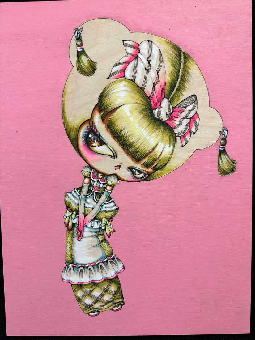 Pinkytoast original mixed media on board, titled "Fancy Kokeshi Doll" in Kauai hair tassels, dated (1 of 8)