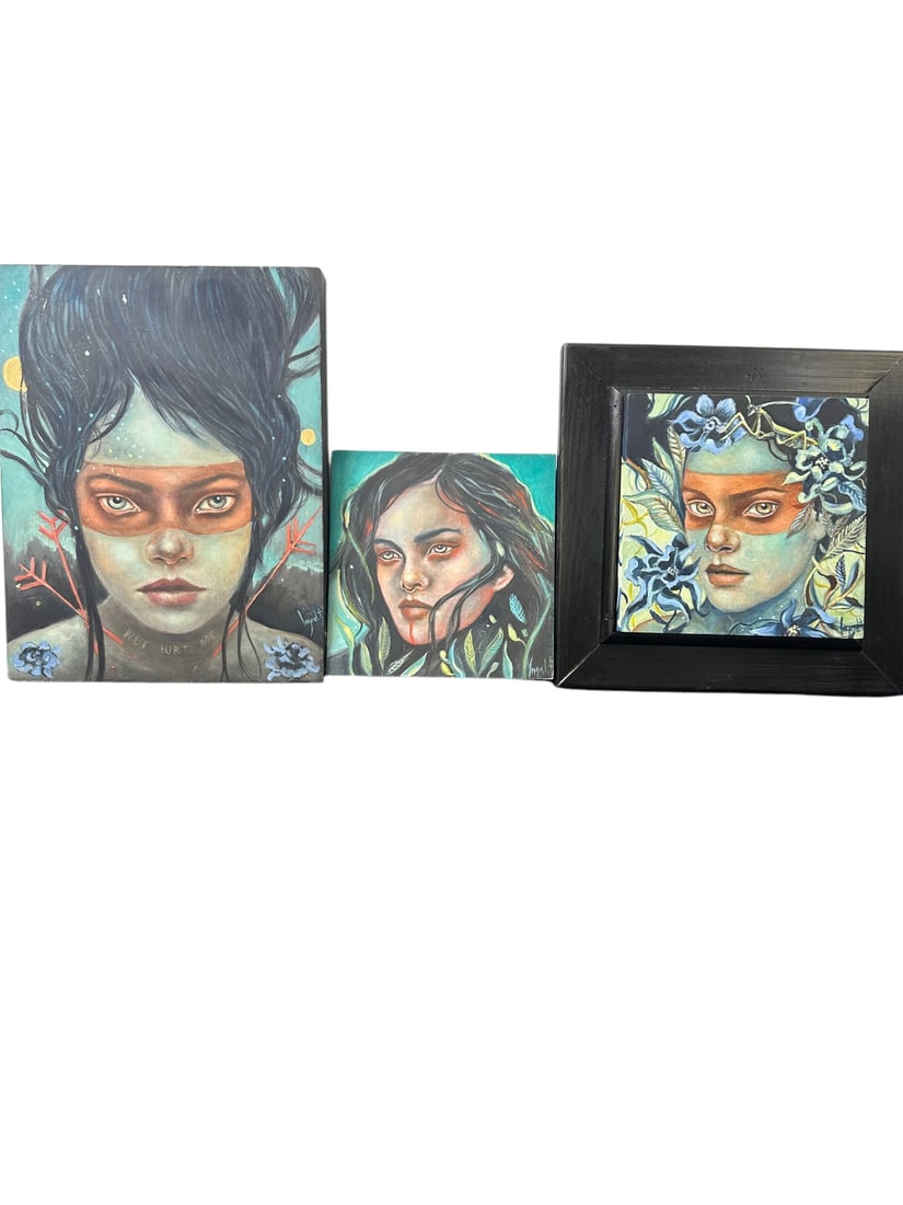 3 Pieces by Ingrid Tussel Domingo (1) titled "Dignity", oil on wood, dated 2015, measures 10" x 14",: 3 Pieces by Ingrid Tussel Domingo (1) titled "Dignity", oil on wood, dated 2015, measures 10" x 14", (1) titled "Fauna", oil on wood, art measures 8" x 8", frame measures 12" x 12", and (1) untitled,