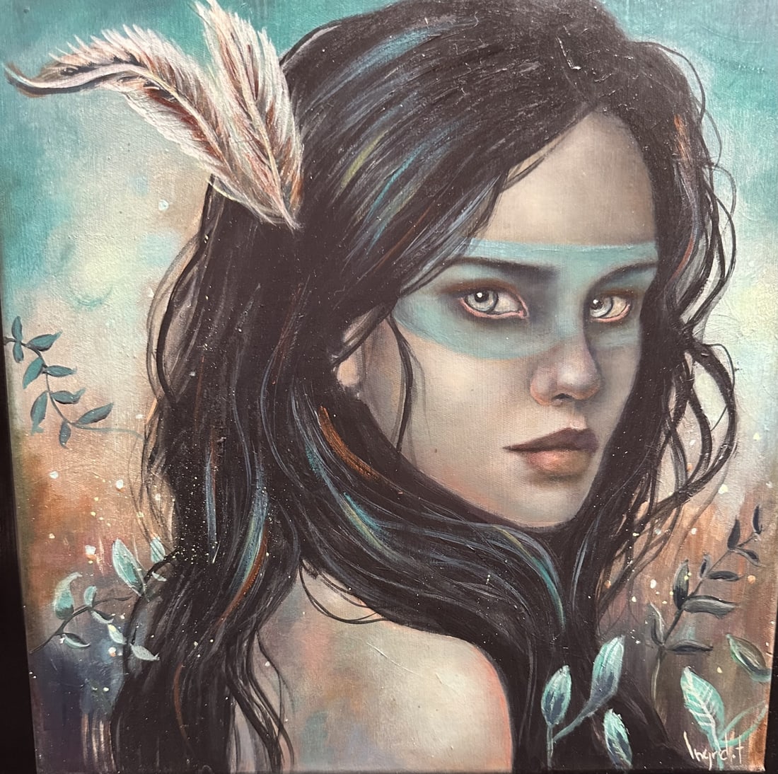 Ingrid Tusell Domingo oil on canvas, titled "Indian Summer", dated 2016. Signed Ingrid T lower: Ingrid Tusell Domingo oil on canvas, titled "Indian Summer", dated 2016. Signed Ingrid T lower right. Excellent condition and colors. Art measures 12" x 12", frame measures 16" x 16".