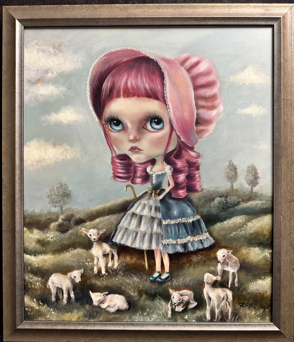 Zelyss Lygnou Kolassi oil on board, titled "Mary Had a Little Lamb", dated 2016. Signed Zelyss lower: Zelyss Lygnou Kolassi oil on board, titled "Mary Had a Little Lamb", dated 2016. Signed Zelyss lower right. Art measures 13" x 15.5", frame measures 15.25" x 18".