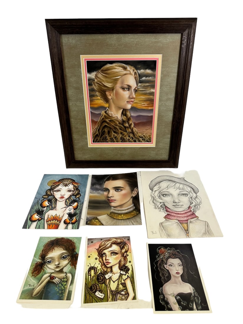 7 Pieces by Tanya Bond, (4) originals (a) titled "Grounded", pastel on pastel mat, signed on left,: 7 Pieces by Tanya Bond, (4) originals (a) titled "Grounded", pastel on pastel mat, signed on left, measures 9.5" x 12", frame measures 18" x 21", (b) titled "Great Crested Grebe Queen", pen and ink on