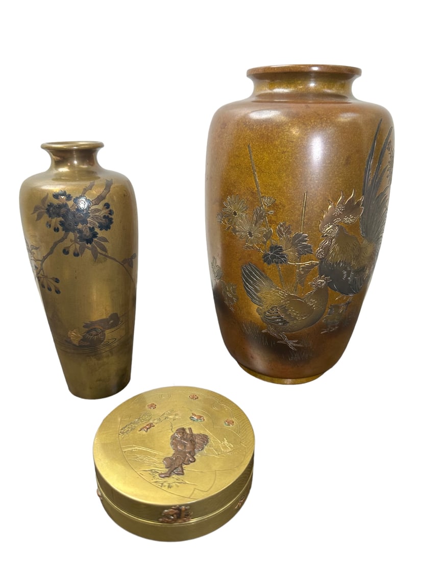 3 Pieces Japanese mixed metal and bronze vases, (1) Meiji period bronze with mixed metal, with gold (1 of 20)