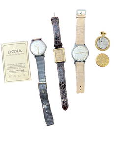 4 Piece watch lot, (3) wristwatches by Doxa by Aubry of Switzerland, all need repair, and (1) Anker: 4 Piece watch lot, (3) wristwatches by Doxa by Aubry of Switzerland, all need repair, and (1) Anker pocket watch that works perfectly, back is pop off.