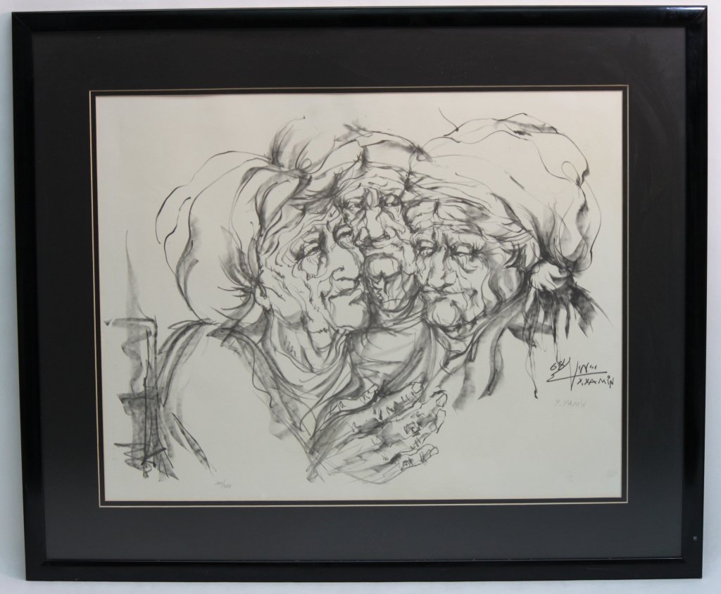 Charcoal Sketch of 3 Old Ladies Signed Y. Yamin: Charcoal sketch of three old ladies framed and matted under glass. Signed Y. Yamin in the bottom left hand corner and attrib. to Yitzhak Yamin (Israeli, b. 1951). Frame measures 31 x 26"" Measurements