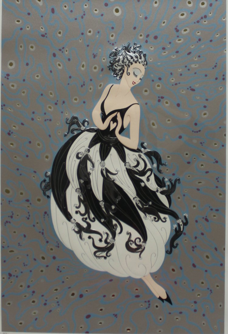 Erte "Dancing Lady" Pencil Signed Serigraph: Erte (Romain de Tirtoff)(Russian/French 1892 - 1990) "Dancing Lady" serigraph with embossment on paper. Pencil signed and numbered XXV/CXXV (25/125). Matted and framed under glass in an art deco frame