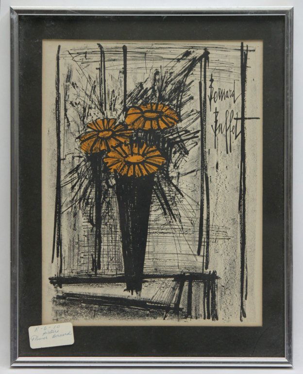 Bernard Buffet "Flower" Lithograph: "Flower" lithograph by Bernard Buffet, (Paris 1928). Signed in the upper right hand and matted under glass. Collector's Guild seal en verso. Frame measures 11.25" x 14.25." Measurements: 8.75 x 11"" A