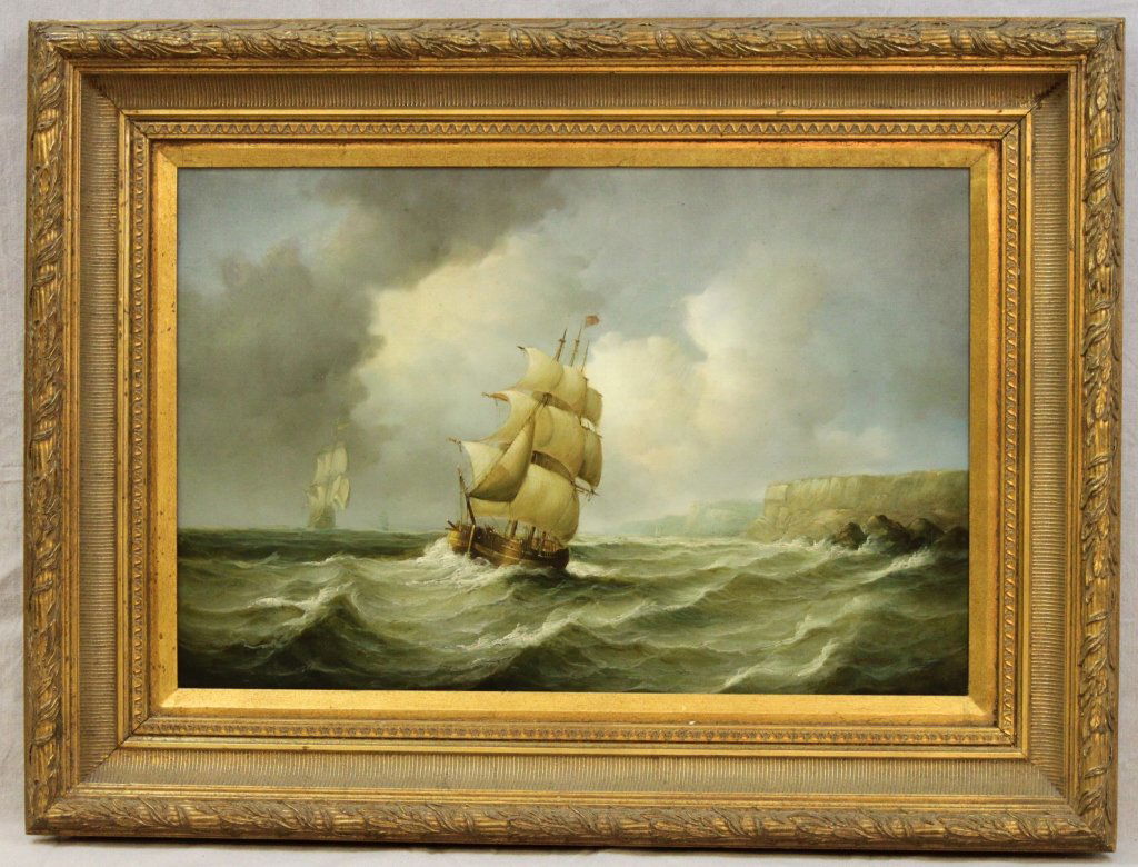 Oil on Canvas Sailing Ships Signed Jean Laurent: Jean Michel Laurent (French, 1899 - 1988) oil on canvas of sailing ships. Signed on lower right. Some minor cracking in paint. Frame measures 40.5 x 30.5"." Measurements: 29.5 x 19.5"" Artist: Jean Mi