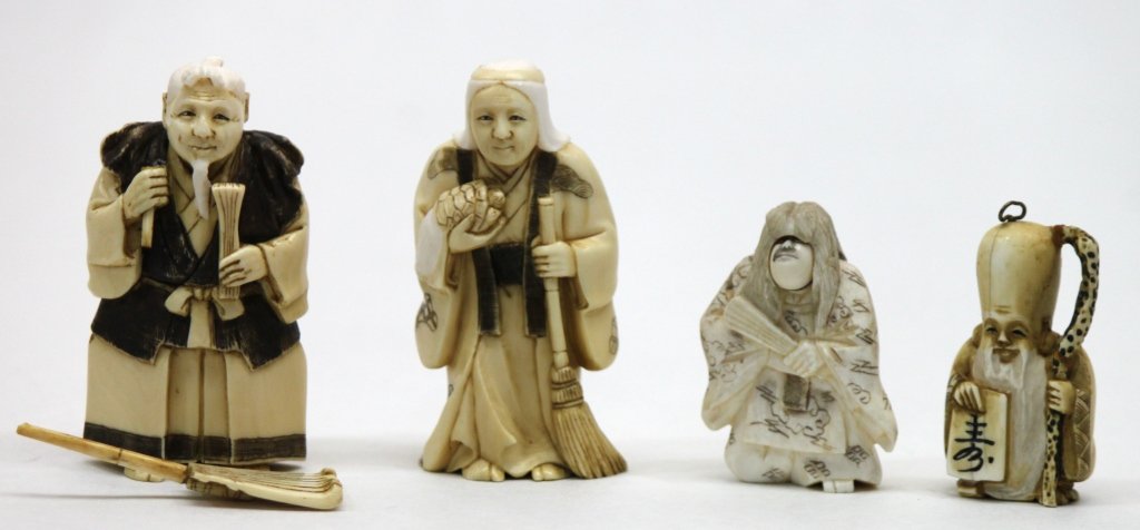 (4) Small Carved Ivory Figures & Netsuke: Four small carved ivory figures with polychrome detail. Taller figures measure approximately 1.5 x 1" x 3", one's rake was broken off but will be included. These two figures are signed. Smaller two ne