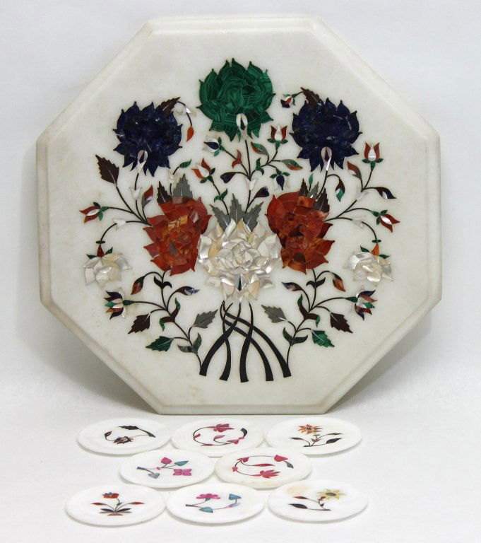 Peitra Dora Marble Serving Platter w/ Coasters: Peitra Dora octagon marble serving platter with floral design, some of it in mother of pearl, and eight coasters. Coasters measure 3.5dia each." Measurements: 15.5 x 15.5" x .5"" Style: Mid-C Modern