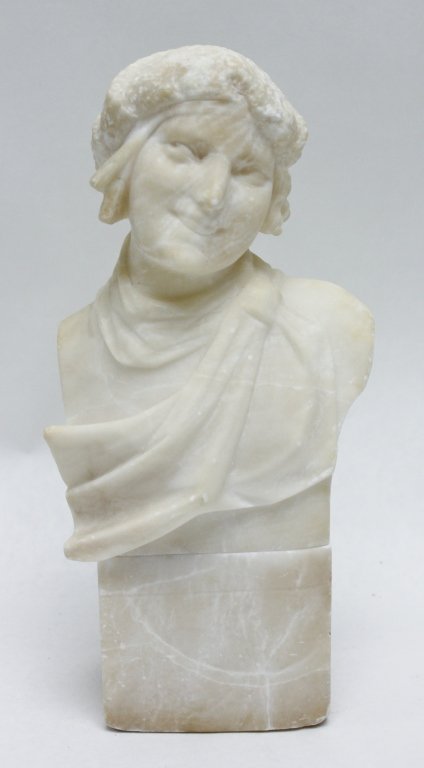 Art Deco Alabaster Bust of a Young Woman: Art Deco alabaster bust of a pretty young woman. Nicely carved in original condition. Measurements: 5 x 3.5" x 10.25"" Style: Early 20thC