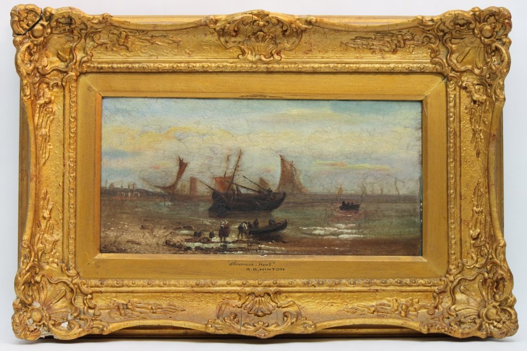 A.B. Hinley Oil on Board of Canoes & Ships: Oil on board of canoes & ships signed A.B. Hinley" under frame. Rococo frame measures 24" x 16"." Measurements: 15.5 x 7.5"" Style: Mid 19thC