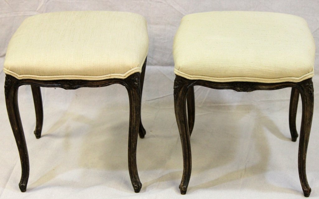 (2) French Louis XIV Style Upholstered Footstools: Two French Louis XIV country French style upholstered footstools. Measurements: 16 x 16" x 18" each" Style: Mid-C
