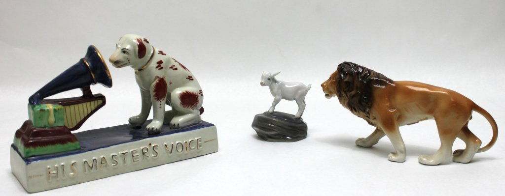 (3) Royal Copenhagen, Royal Dux, and Staffordshire: Royal Copenhagen porcelain hand painted figure of a lamb on a rocky base that measures 3.25 x 2.5" x 3.75". Royal Dux porcelain figure of a lion that measures 9" x 2.25" x 5". Staffordshire porcelain
