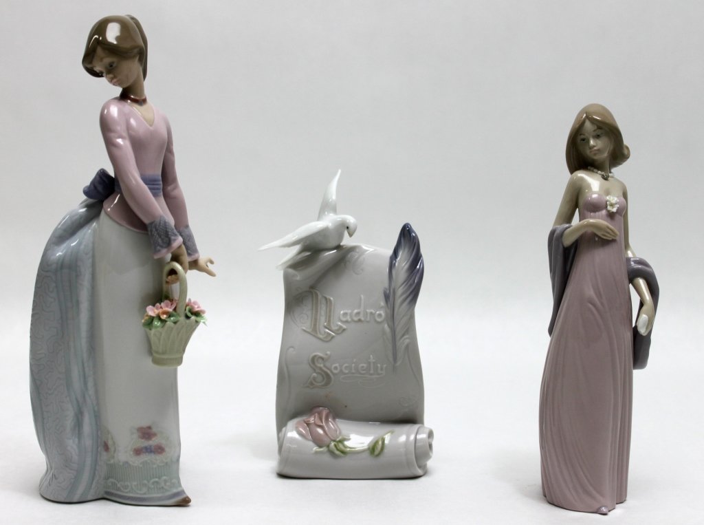 (3) Lladro Porcelain Figurines: Lladro retired porcelain figurines Basket of Love" and "Ingenue Princess House SP" sculpted by José Puche."Basket of Love" was produced between 1994 and 1996, and "Ingenue Princess House SP" was prod