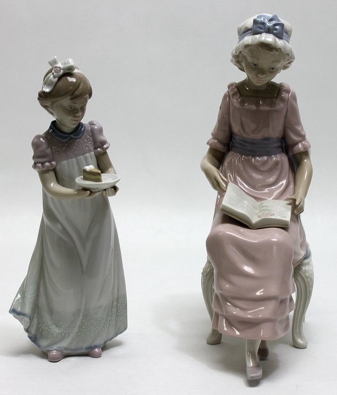 (2) Llardro Porcelain Figurines: Llardro retired porcelain figurine Happy Birthday", sculpted by José Roig and produced from 1987 to 1992. And Lladro retired porcelain figurine "My Poems", sculpted by Vicente Martínez and produced 