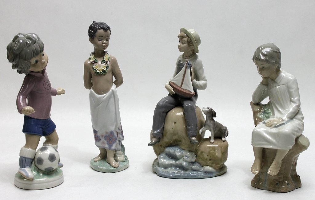 (4) Lladro Porcelain Figurines of Boys: Llardo retired porcelain figurines Boy With Boat", "Thinker Little Boy", "Sport Billy Football Player", and "Polynesian Boy". "Boy With Boat" was sculpted by Vicente Martínez and produced from 1982 t