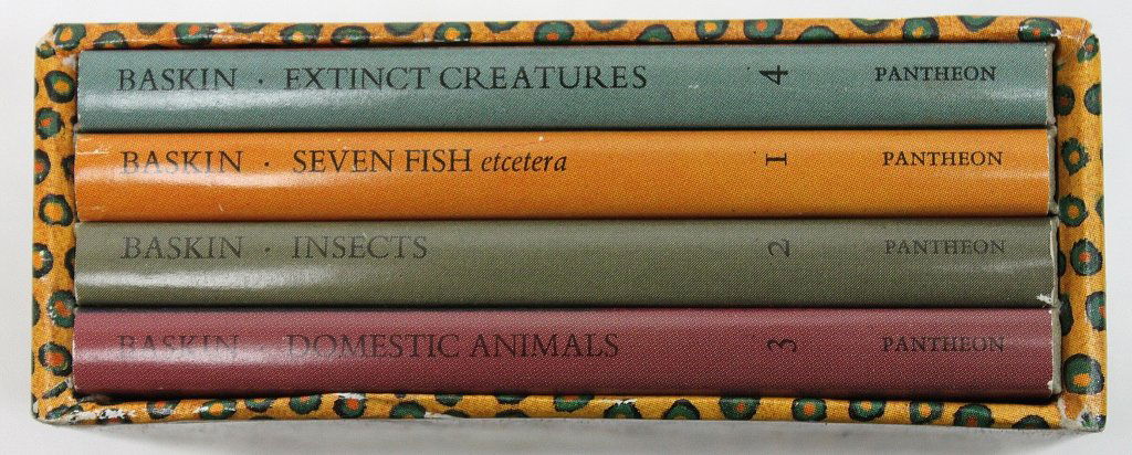 (4) Leonard Baskin's Miniature Natural History: Leonard Baskin's Miniature Natural History First Series box set. Each book is .25 wide." Measurements: 4 x 4.25" x 1.75"" Artist: Leonard Baskin Style: Modern