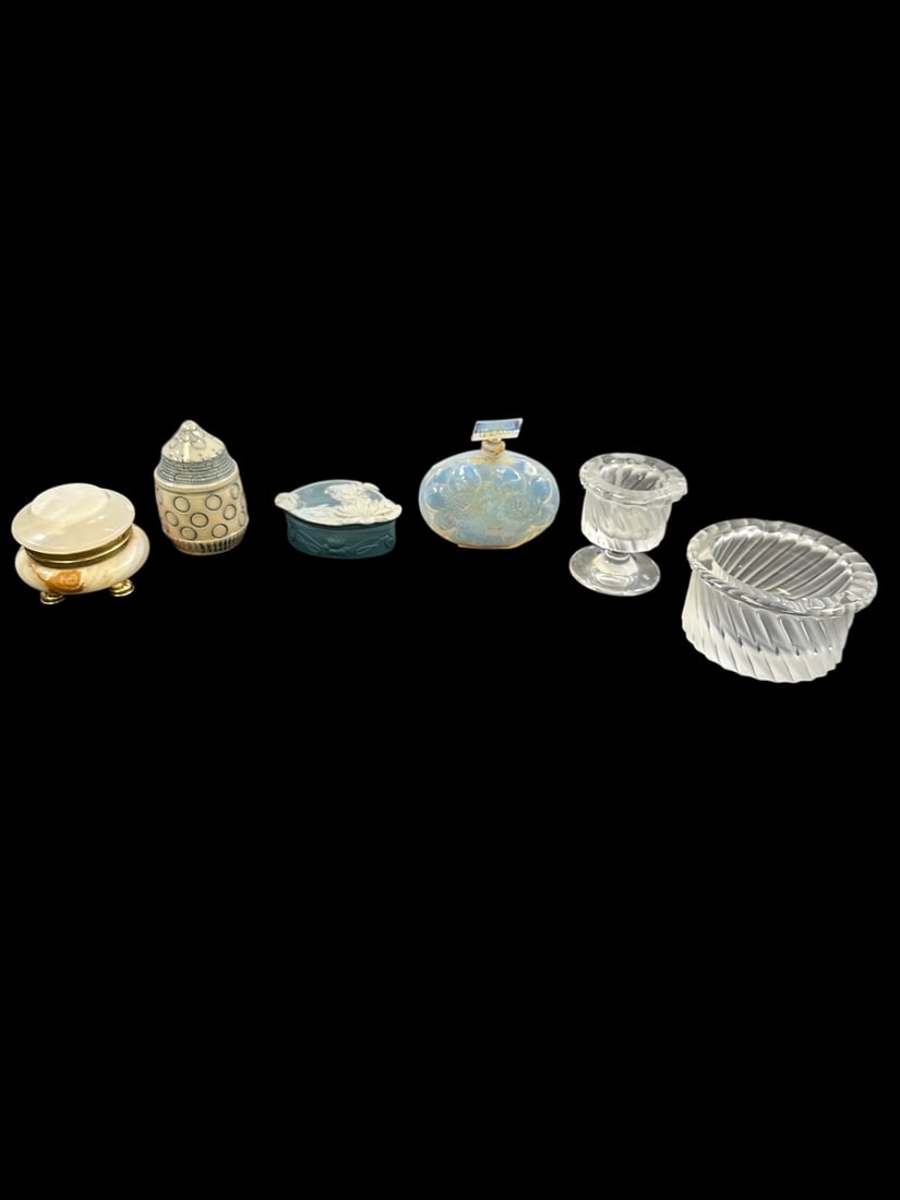 6pc Vntg Lot Dresser Bx, Candleholders, Perfume: 6 Piece vintage lot (1) alabaster great colors, bronze hinged lid with 3 footed base pill box, dresser box, measures 3.5" dia. x 2.5", (1) Husby salt fired clay abstract pottery with hearts and circle