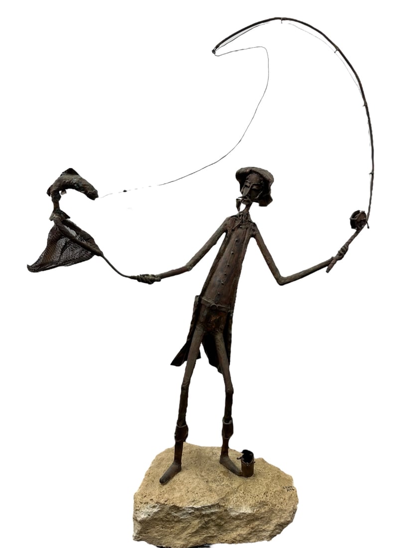 Jim Lewk Signed Torched Copper Fisherman 25": Jim Lewk signed brutalist torched copper "Fisherman" on stone plinth, flask in pocket, smoking pipe, check out the picture of the reel - the detail is incredible. Signed Lewk 1976 on stone. Excellent