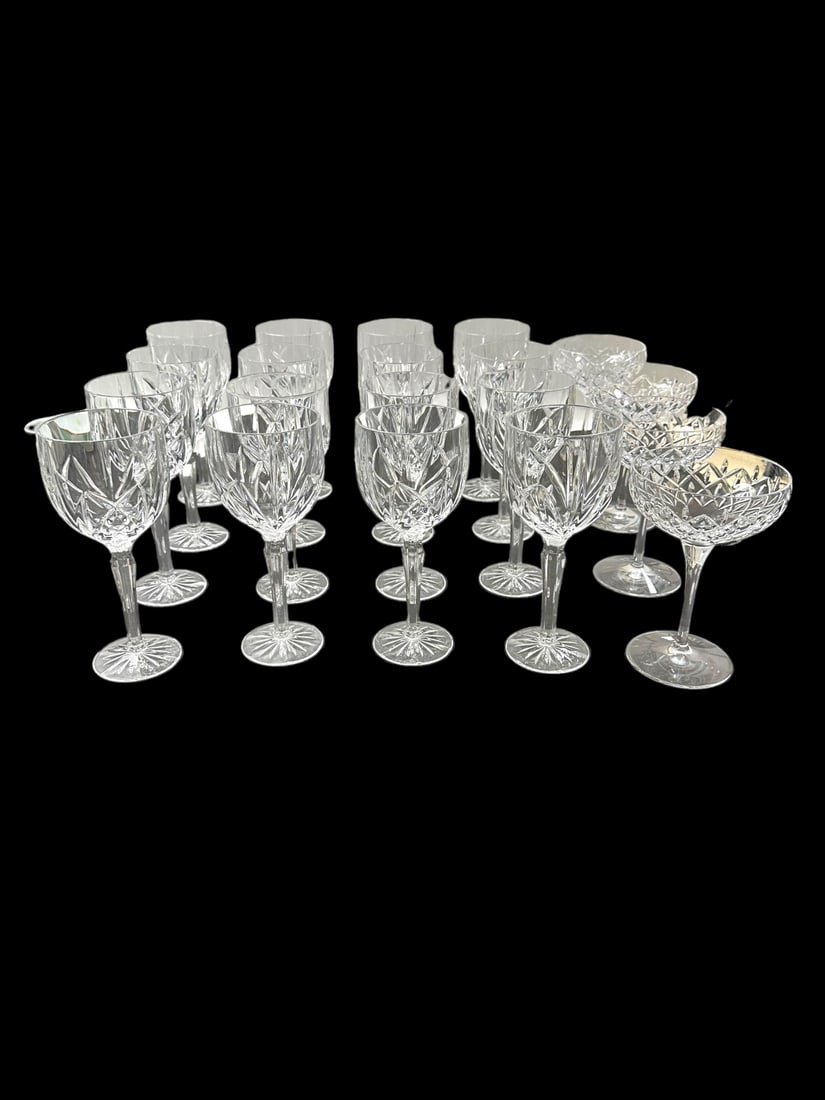 20pc Waterford Crystal Wine Goblets & Champagne: 20 Pieces by Waterford crystal, (16) Marquis Markham wine goblets, etched "Marquis by Waterford" on foot, The Markham Collection combines traditional-style cutting and quality with Marquis value. Mark