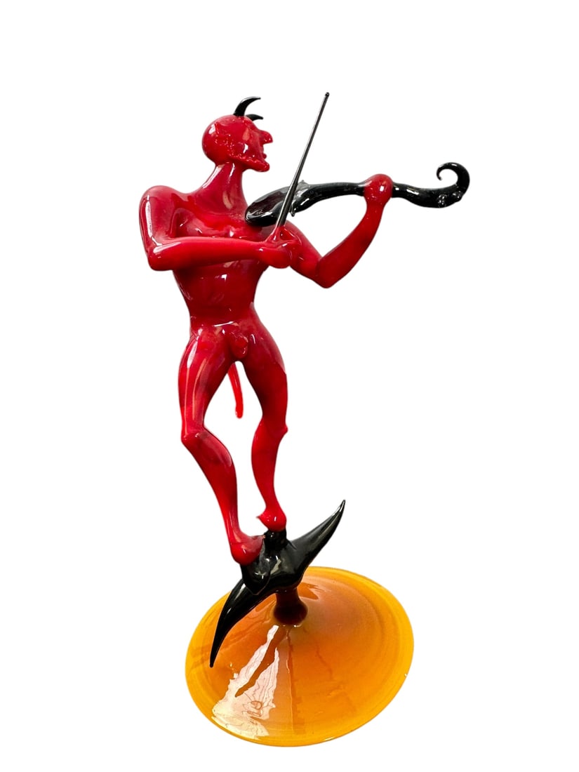 Lucio Bubacco (b 1957) Erotica Glass Devil: Lucio Bubacco Italian Erotica sculpture, lamp worked art glass devil playing the violin. Unsigned. Excellent condition. Measures 3.5" x 7".