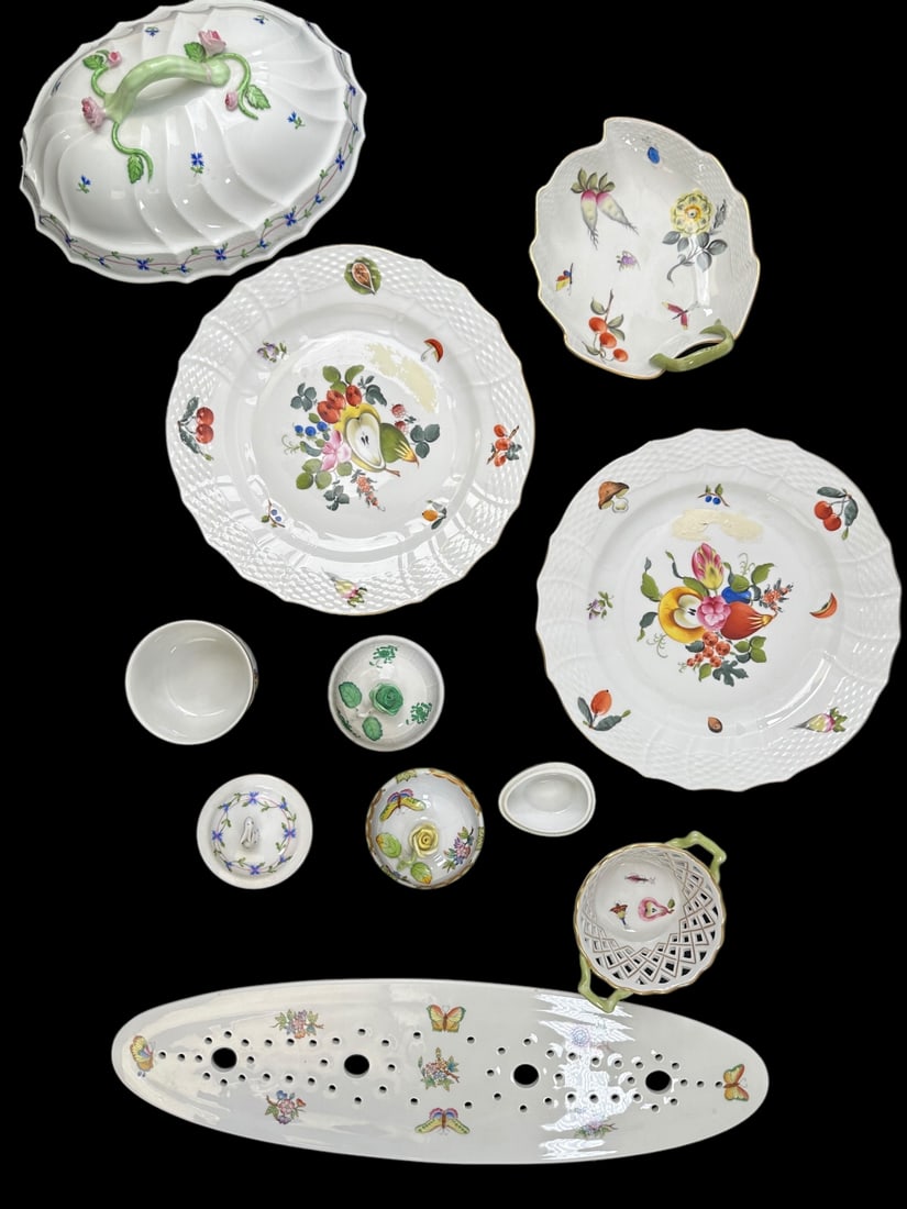 11pc Herend Hungary Porcelain Dinnerware Lot: 11 Pieces Herend Hungary porcelain dinnerware lot of mixed pieces, all hand painted with gold trim, (1) "Blue Garland" oval lid with pink roses, measures 12" x 8.5", (1) "Market Garden" #204 10, leaf 